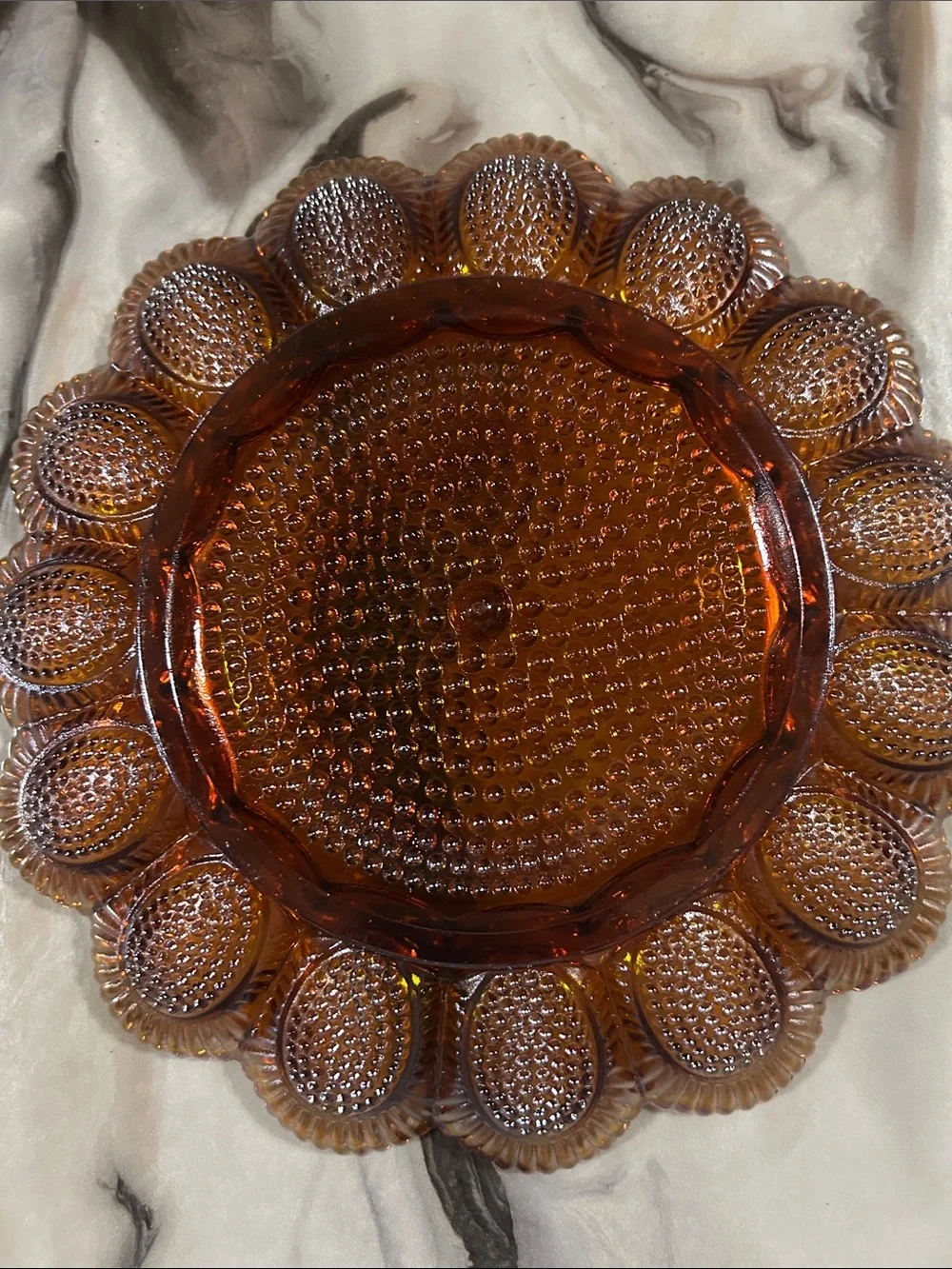 Indiana Glass Co. Iridescent Amber Carnival Hobnail Plate Deviled Egg Platter
